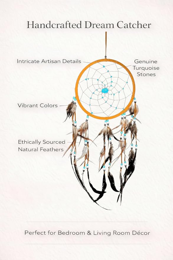 OMA Large Dream Catcher – Brown Suede with Turquoise Stones and Feathers, Traditional Dreamcatcher for Bedroom, Living Room, Dorms & Gift, Size - 28” x 9”