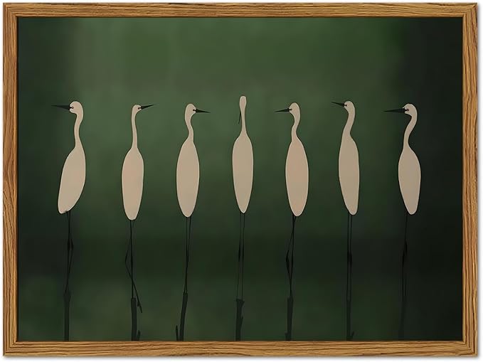 Framed Japanese Cranes Wall Art, Vintage Bird Pictures Wall Decor Paintings, Rustic Nature Animal Canvas Prints Minimalist Green Home Decor for Living Room Bedroom Office 12x16 inch