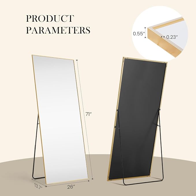 DUMOS 71"x26" Full Length Mirror, Full Body Mirror with Aluminum Alloy Thin Frame, Standing Mirrors with Leaning or Hanging, Suitable for Bedroom, Livingroom, Cloakroom, Gold