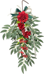 Artificial Hydrangea Teardrop Swag Hanging Floral Spring Swag Wreath with Willow Leaves Fake Plant Ivy Branch for Front Door Wedding Arch Window Wall Decor(Red)