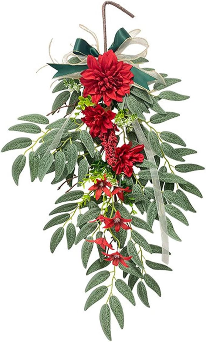 Artificial Hydrangea Teardrop Swag Hanging Floral Spring Swag Wreath with Willow Leaves Fake Plant Ivy Branch for Front Door Wedding Arch Window Wall Decor(Red)