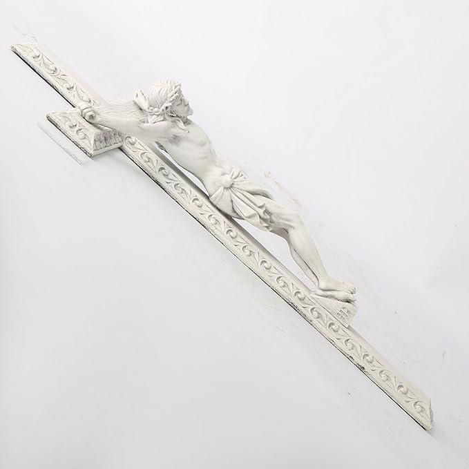BC Catholic Crucifix Wall Cross, 12" H Jesus Christ Wall Decor for Elegant Modern Home, Devout Gift for Easter, Religious Gifts Home Decor, Grey White Stone Finish, Hand Painted by Buildclassic