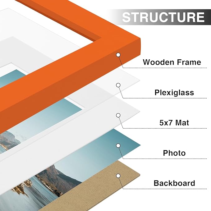 Vittanly 8x10 Picture Frames Set of 9, Shatter Resistant Plexiglass, Display 5x7 Pictures with Mat or 8x10 without Mat, Photo Frames for Wall or Tabletop, Engineered Wood, Orange