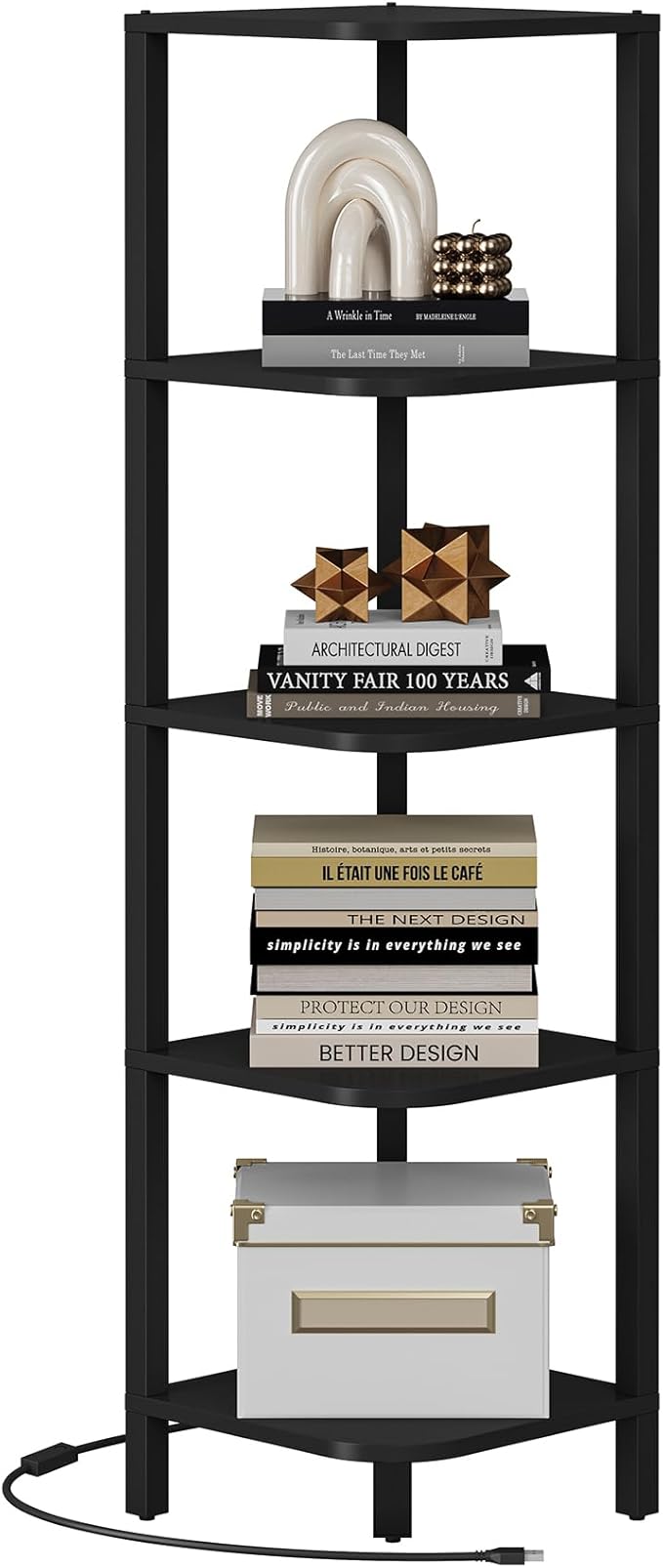 TUTOTAK Corner Shelf with LED Light, 5-Tier Corner Bookshelf for Small Space, Narrow Display Corner Shelf Stand with Storage Rack, for Living Room, Bedroom, Black BS08BK005L