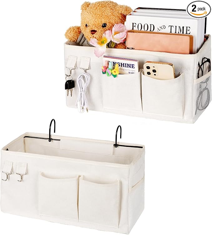 Bedside Caddy Bedside Organizer Hanging Storage Bag for Bunk College Dorm Bed and Hospital Beds with Magazine Water Bottle Phone Holder (2Pack White)