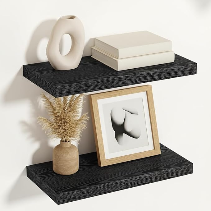 Vivelove Black Floating Shelves 16 Inches Wide, 12" Deep Wall Shelves for Bedroom, Bathroom, Living Room, Kitchen, Office, Rustic Home Decor Shelf with Invisible Brackets, 15.7X12X1.5, Set of 2