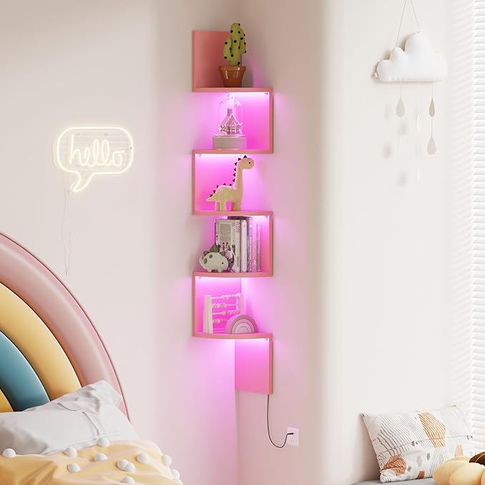 Qupui 5-Tier Corner Shelf with LED Lights, 49 Inch Floating Wall Mounted Corner Shelf for Bedroom Living Room Bathroom, Pink Corner Bookshelf Display Stand with RGB Lighting