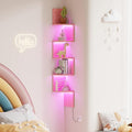 Qupui 5-Tier Corner Shelf with LED Lights, 49 Inch Floating Wall Mounted Corner Shelf for Bedroom Living Room Bathroom, Pink Corner Bookshelf Display Stand with RGB Lighting