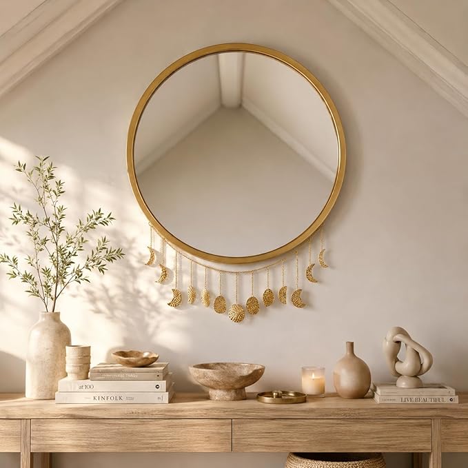opulinea Moon Phase Garland Gold Hammered Metal - Celestial Boho Wall Hanging Decor Moon Phases Ornament for Bedroom Aesthetic Above Bed Living Room Home Decor