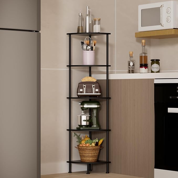 5-Tier Corner Shelf Stand, 52" Industrial Corner Display Rack for Living Room, Bookshelf, Tall Display Shelf, Plant Stand, Storage Standing Shelf for Bedroom, Bathroom, Kitchen, Black
