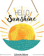 Summer Wreaths for Front Door Hello Sunshine Welcome Sign Summer Sunshine Decoration Wooden Door Hanger Sunset over Sea Farmhouse Hanging Plaque Sign for Home Porch Indoor Outdoor Outside 12”x12”