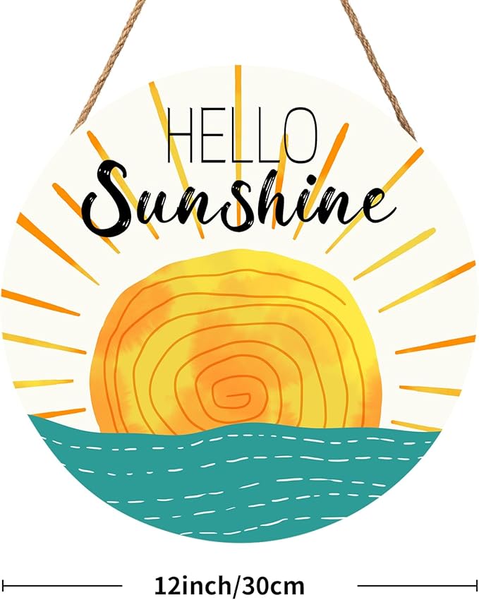 Summer Wreaths for Front Door Hello Sunshine Welcome Sign Summer Sunshine Decoration Wooden Door Hanger Sunset over Sea Farmhouse Hanging Plaque Sign for Home Porch Indoor Outdoor Outside 12”x12”