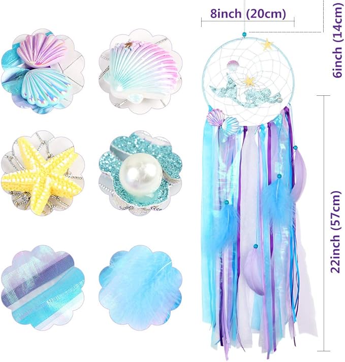 OurWarm Mermaid Dream Catcher for Girls Room Wall Decor, Big Handmade Blue Dreamcatcher with Colorful Feathers for Kids Bedroom Hanging Decor, Under The Sea Mermaid Birthday Baby Shower Party Supplies