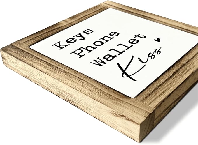 Home Decor Signs, Front Door Decoration for Shelf, Decorative Wooden Box Sign, Farmhouse Home Decor for Entryway, Housewarming Decor Accessories, Keys Phone Wallet Kiss Sign, 5.9×5.9 inches