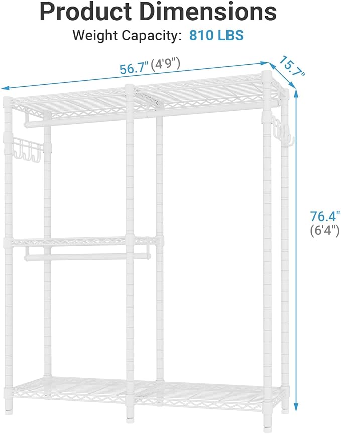 VIPEK V4C Garment Rack with Cover, Heavy Duty Portable Closet Adjustable Metal Clothing Rack for Hanging Clothes with Hanging Rods & Side Hooks, Max Load 810lbs, White Rack with Black Cover