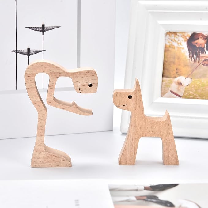 ISHINE Wood Decor Wooden Statue Man and Dog Figurine Handmade Carved Creative Home Office Gift for Men Women Accents Decoration Natural ECO Friendly 7x3 inches (B-Man Kisses Dog)