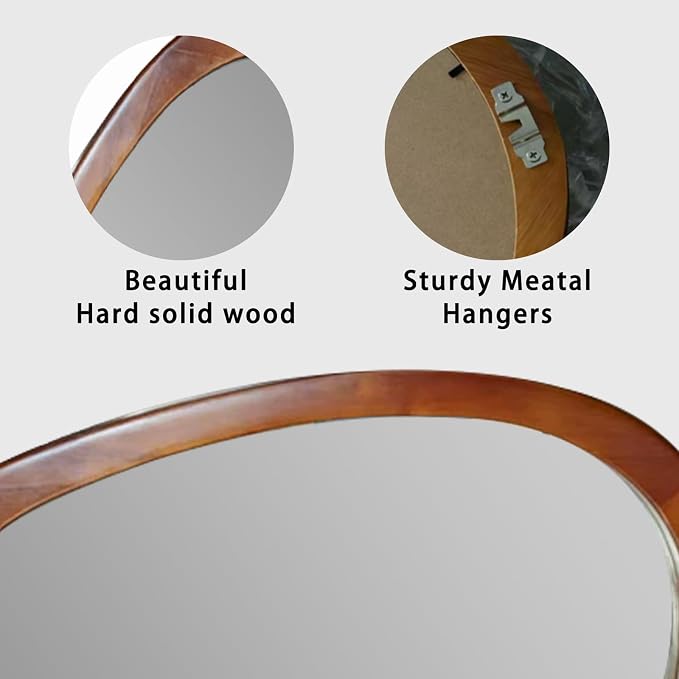 22" x 17" Irregular Wall Mirror, Wood Frame Asymmetrical Decorative Wooden Mirror for Living Room Bedroom Entryway Bathroom Hallway Home Decor Walnut Brown