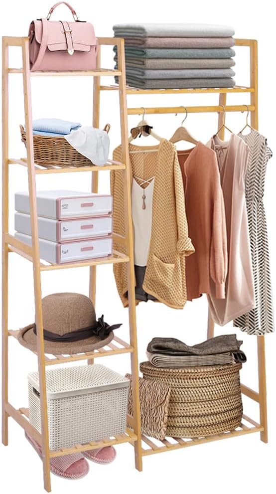 Ufine Bamboo Garment Rack 7-Tier Storage Shelves Clothes Hanging Rack, Heavy Duty Clothing Rack Minimalism Wardrobe Closet Organizer for Indoor