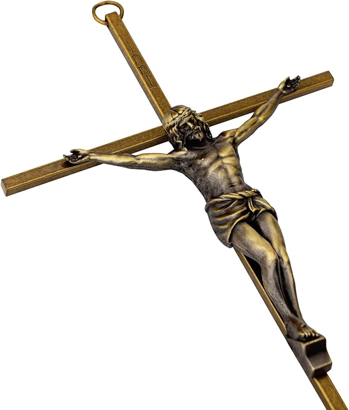 KUXBET Crucifix Wall Cross, Metal Vintage Wall Hanging Cross,10inch Antique Brass Jesus Crucifix Home Décor