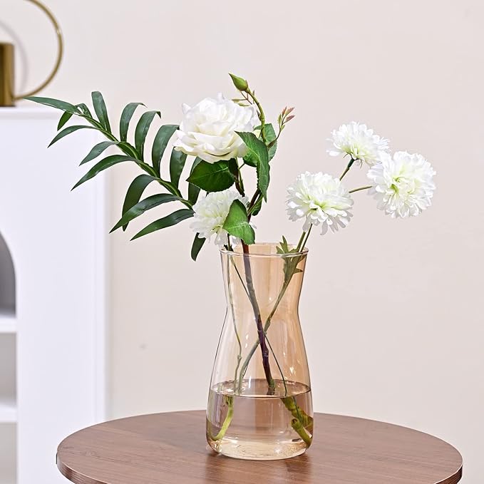 Glass Vases for Flowers, 8 Inch Tall Ins Modern Irised Crystal Clear Glass Vases for Centerpieces Home Desk Decoration, Decorative Glass Table Vase for Birthday Wedding Housewarming Gift,Amber