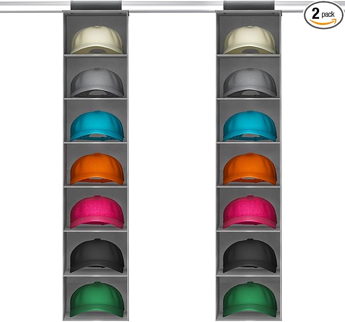 Lifewit Hat Organizer for Baseball Caps, Hat Rack Hanging Storage, Non-Woven Fabric Display Shelf Holds Up to 40 Hats, Cap Holder Hanger for Closet, Bedroom, 7 Compartments, Gray, 2 Pack