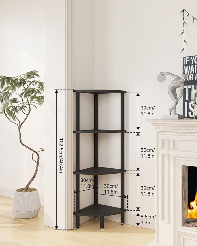 IBUYKE 4 Tier Corner Shelf Stand,Industrial Corner Display Rack,Corner Bookshelf for Living Room, Bedroom, Kitchen, Home Office, Black WBC014B