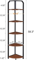 MNEETRUNG Corner Shelf, 5-Tier Industrial Corner Bookshelf, Freestanding Corner Shelf Stand with Metal Frame, Open Corner Plant Stand for Small Space, Home Office, Living Room, Bedroom, Brown