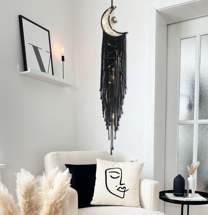 Dream Catchers Moon Dream Catcher with Light, Black Dream Catcher for Girls Boys Bedroom Wall Decor Christmas Decor, Macrame Dream Catchers Boho Room Decor for Teen Girls Boy Birthday Gift Women