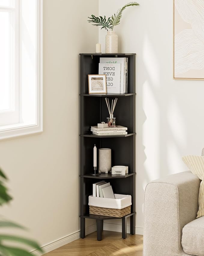 Corner Shelf, 5 Tier Corner Bookshelf, Display Corner Shelf Stand with Storage Rack, Wall Corner Bookshelf for Living Room, Bedroom, Office, Black