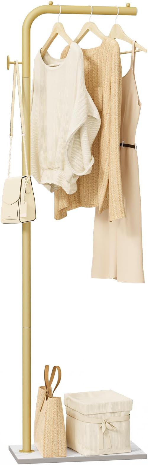 OUTBROS Coat Rack, Portable L-shaped Clothes Rack with Hook, Modern Hanger, Sturdy Freestanding Metal Clothing Rack, Used in Bedroom, Entrance and Living Room, 15.3 x 10.2 x 70.8 inch, Gold