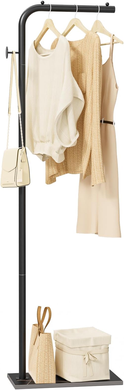 OUTBROS Coat Rack, Portable L-shaped Clothes Rack with Hook, Modern Hanger, Sturdy Freestanding Metal Clothing Rack, Used in Bedroom, Entrance and Living Room, 15.3 x 10.2 x 70.8 inch, Black
