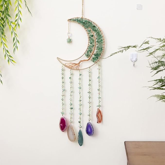 Green Agate Dream Catchers with Crystal Tree of Life Gemstone Dream Catchers Natural Gem Agate Wall Hangings Room Dreamcatchers Decor (Green)