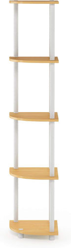Furinno TURN-N-TUBE Corner Shelf, 5-Tier Corner Bookshelf, Open Storage Shelves, for Organization and Storage, Living Room, Home Office, Garage, Bedroom, Beech