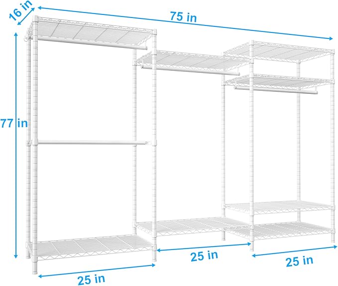 Ulif E13 Pro Heavy Duty Clothes Rack（With 4 Hanger Rods & 8 Shelves） Freestanding Clothing Racks for Hanging Clothes，Adjustable Closet，Metal Garment Rack 75" W x16 D x77 H，Max Load 1000LBS，White