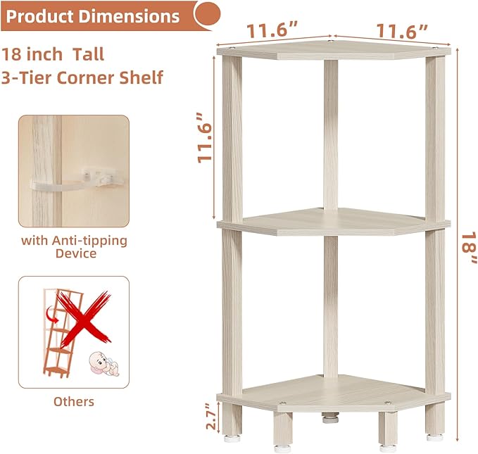 YUFAM 3-Tier Corner Shelf with Sturdy 5-Leg Base, Wooden Corner Bookshelf for Small Spaces, Small Corner Table for Living Room, Bedroom, Office, Grey White