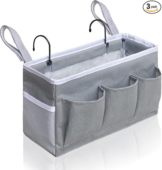 Bedside Caddy Hanging Storage Bag, Organizer Baskets with Pockets for Bunk Bed Accessories, Loft & Dorm Rooms Chair Bed Rails (Gray_1pcs)