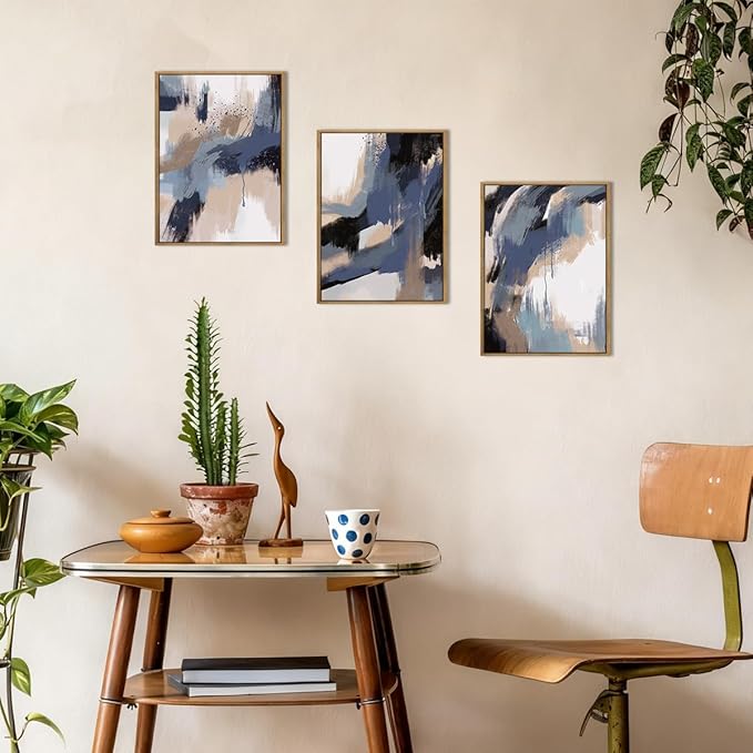 BINCUE Blue Neutral Wall Art Framed Modern Abstract Artwork Blue Abstract Wall Decor Modern Blue Wall Paintings Abstract Neutral Wall Pictures for Living Room Bedroom Office Bathroom 12" Lx16 W Set of 3