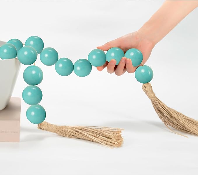 OMISHE Extra Large Wood Bead Garland Aqua Teal with 1.6" Diameter Wooden Beads and Tassels, 41" Long Rustic Farmhouse Country Decorative Beads for Home Decor, Aqua Teal
