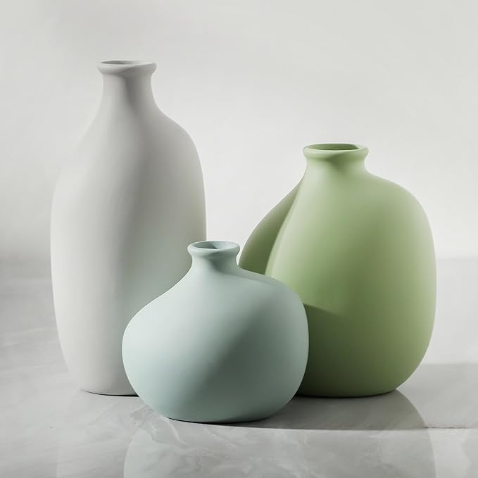 Ceramic Vase Set of 3, Small Rustic Farmhouse Pottery Vases for Home Decor, Perfect for Pampas Grass, Ideal for Living Room, Bedroom, Kitchen, Bathroom, Bookshelf, Table Centerpiece.