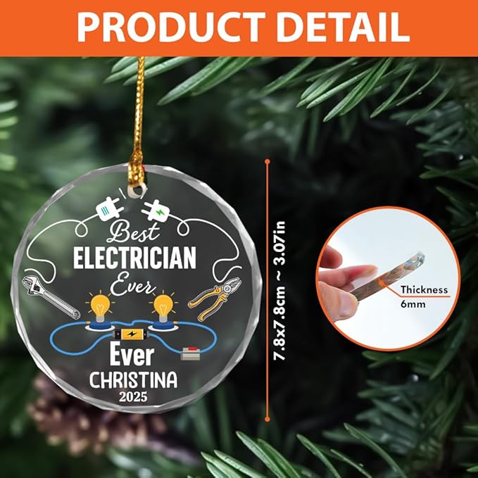 BSQUIELE Personalized Best Electrician Ever Glass Ornament 2025 - Funny Retirement Gift Custom Name and Date Keepsake - Xmas Tree Hanging Decoration for Electrician Men