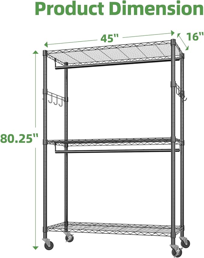 Simple Trending Heavy Duty Clothing Rack 3 Tiers Adjustable Wire Shelving Clothes Rack with Double Rods and Side Hooks, Freestanding Wardrobe Storage Rack Metal Garment Rack, Black