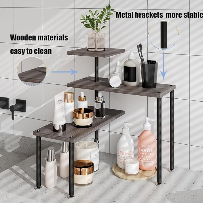 Countertop Organizer Organization 3 Tier Kitchen Corner Shelves Adjustable Spice Storage Rack for Bathroom Coffee Area Over Sink (Dark Gray Oak)