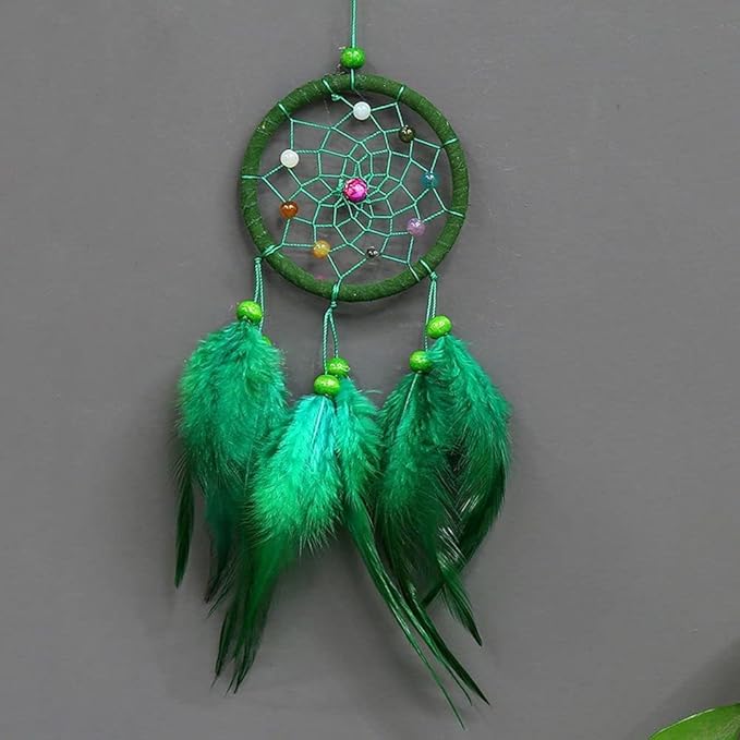 Green Small Dream Catcher with Feathers Wall Hanging Ornament Indian Style Decoration Wind Chimes for Car Home Wall Decor