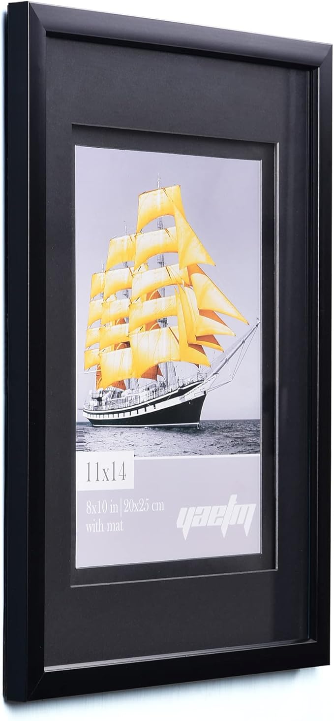 Yaetm 11x14 Double Floating Mat Picture Frame Set of 4, Display Picture 8x10 with Black Double Mat, Polished High Definition Tempered Glass, Wall Mounting Photo Frames, Black/Black
