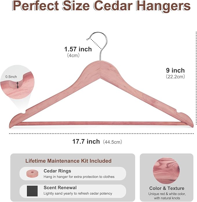 HOUSE DAY Cedar Hangers for Closet 20 Pack, Smooth Cedar Wood Hangers with Rings, 360° Swivel Hook, U-Shape Notched, Non Slip Pant Bar, Sturdy Wooden Clothes Hanger for Coats, Dresses, Suits