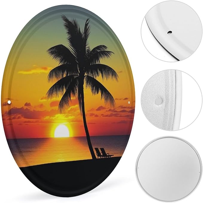 Wall Picture, with Sunset Palm Tree Printed Circular Iron Hanging Picture,Wall Art Decor,Home for Bedroom Living Room Bathroom Decor,Iron Painting 11.8X11.8 in