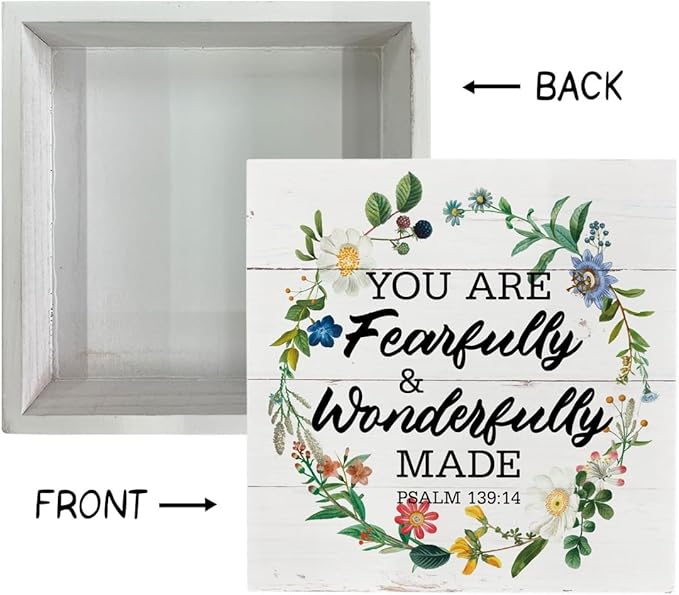 Christian Wood Signs, Bible Verse Psalm 139:14 - You are Fearfully & Wonderfully Made, Box Sign Decor Tabletop, Inspirational Wood Plaque, Wood Table Signs, Country Style Home Decor, Christian Gift