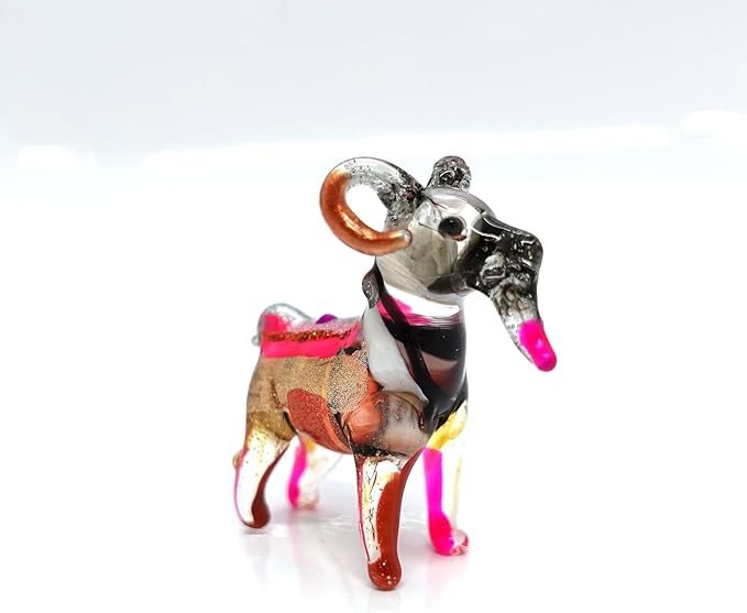 Goat Micro Tiny Figurines Hand Blown Glass Art Animals Collectible Gift Home Décor (Multi-Black)