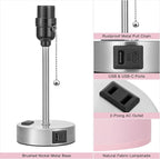 Dicoool Pink Bedroom Lamp for Bedside - 3 Color Temperatures Desk Lamp with USB C and A Ports, Pull Chain Table Lamp with AC Outlet, Nightstand Lamp with Silver Metal Base for Kids Girls