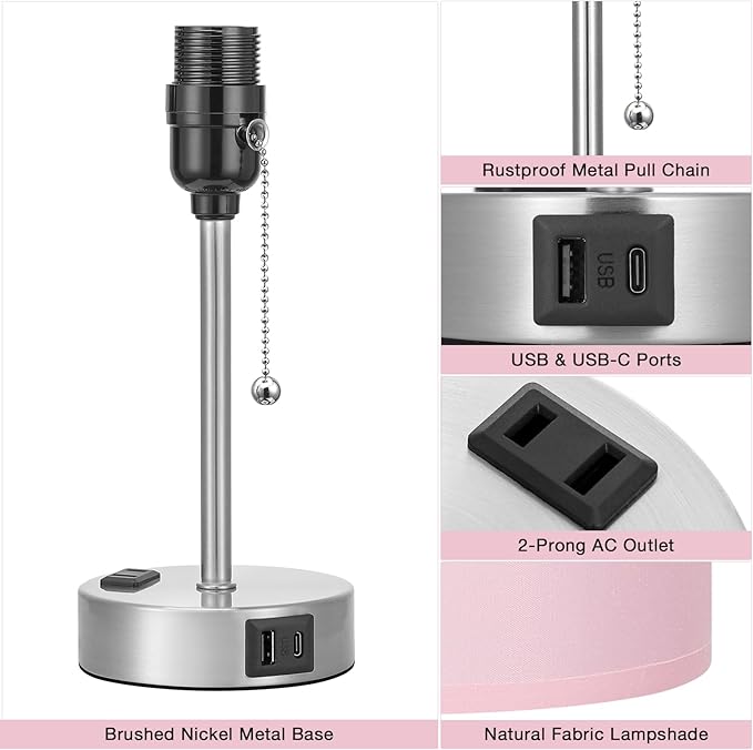 Dicoool Pink Bedroom Lamp for Bedside - 3 Color Temperatures Desk Lamp with USB C and A Ports, Pull Chain Table Lamp with AC Outlet, Nightstand Lamp with Silver Metal Base for Kids Girls